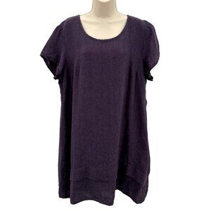 Flax Womens Eggplant 100% Linen Relaxed Scoop Neck Short Sleeve Tunic Dress M
